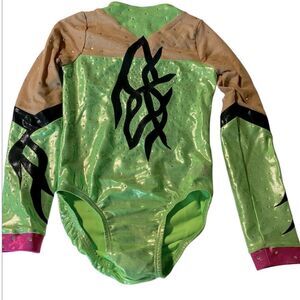 Ozone gymnastics green foil competition long sleeve custom leotard rhinestone YL